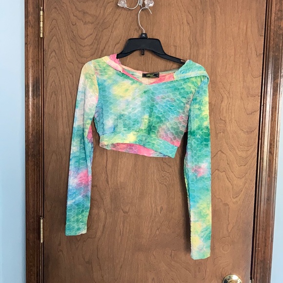 3/$24 tie dye print honeycomb hoodie crop top S juniors - Picture 5 of 15